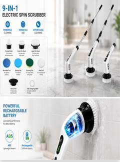 Electric Spin Scrubber – 7 Brush Heads & Adjustable Extension Handle