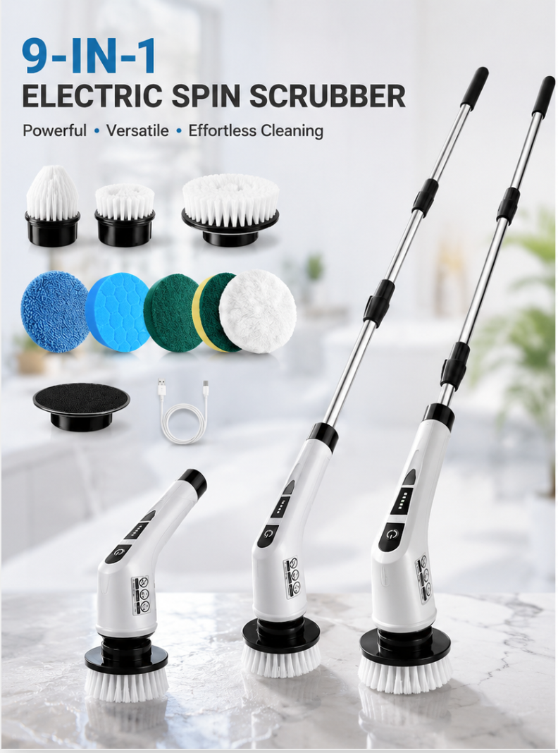 Electric Spin Scrubber – 7 Brush Heads & Adjustable Extension Handle